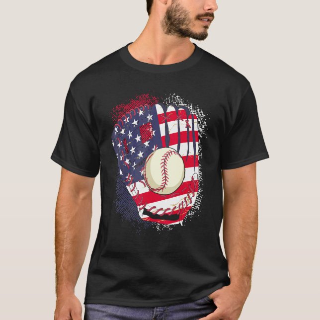Camiseta 4th Of July Catcher Baseball Player US Flag Sport  (Anverso)