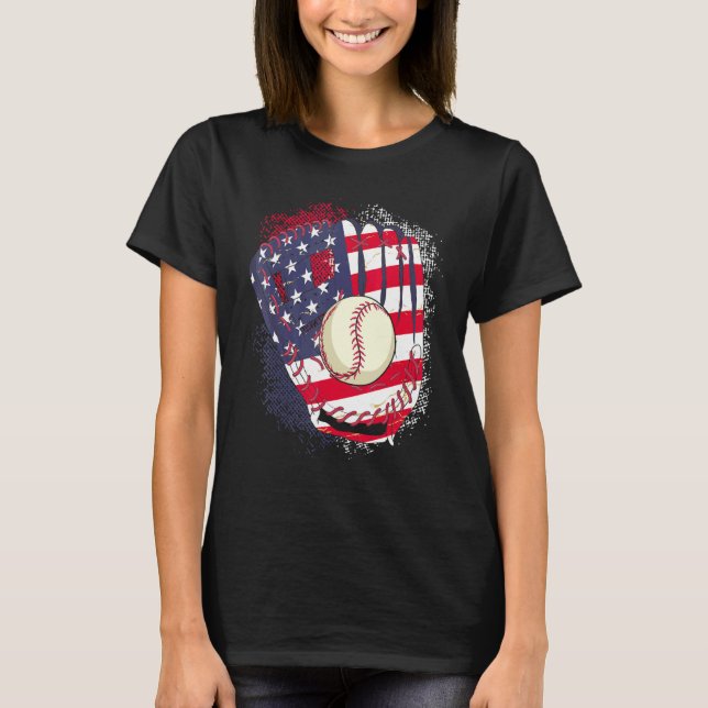 Camiseta 4th Of July Catcher Baseball Player US Flag Sport  (Anverso)