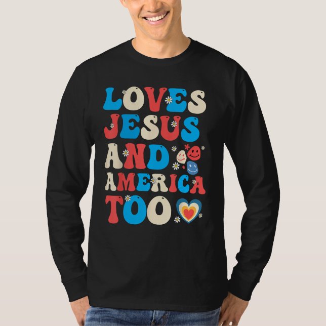 Camiseta 4th of July Christian Groovy Loves Jesus and Ameri (Anverso)