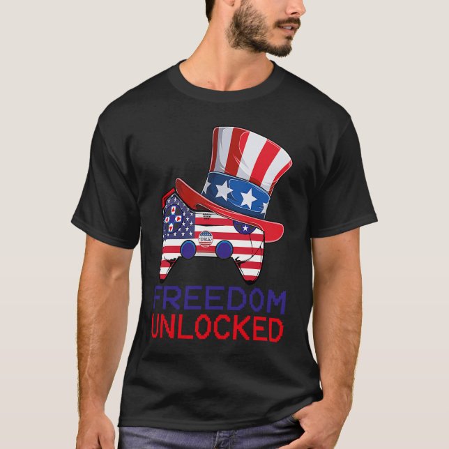 Camiseta 4th Of July Freedom Unlocked Video Game Gamer USA  (Anverso)