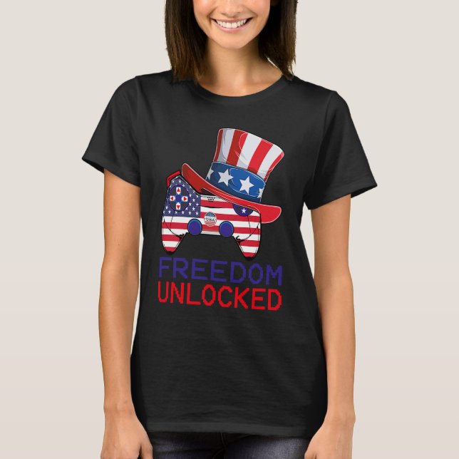 Camiseta 4th Of July Freedom Unlocked Video Game Gamer USA  (Anverso)