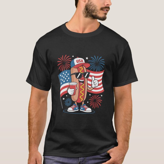 Camiseta 4th Of July Hotdog American Flag Patriotic Firewor (Anverso)