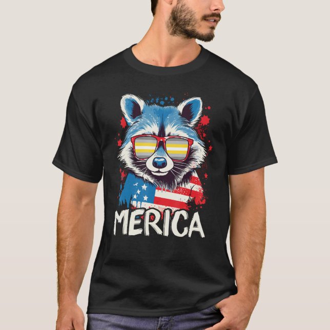 Camiseta 4th Of July Merica  Raccoon Demigender Sunglasses  (Anverso)