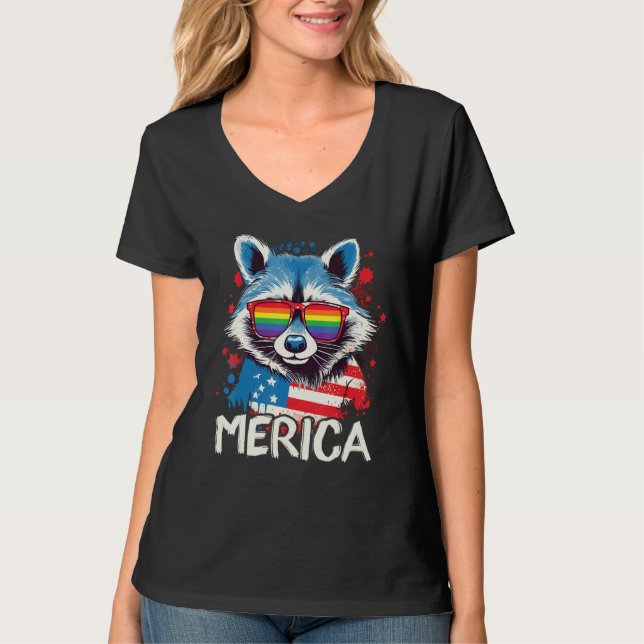 Camiseta 4th Of July Merica  Raccoon LGBT Pride Sunglasses  (Anverso)