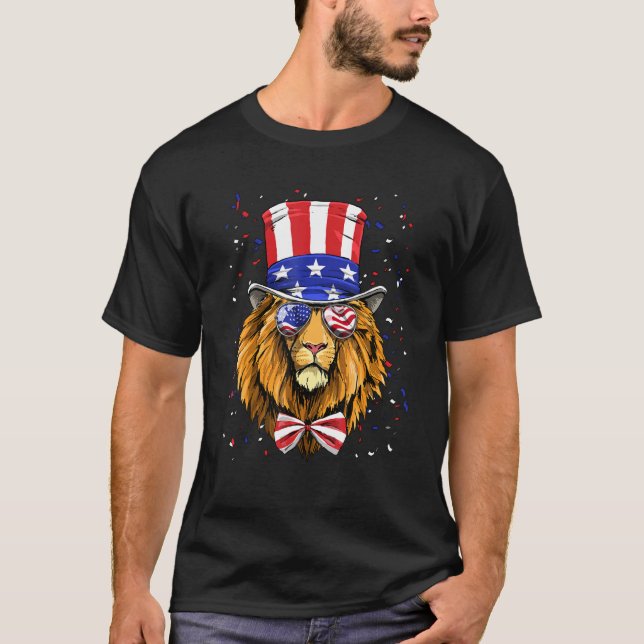 Camiseta 4th of July Patriotic Lion USA Flag Independence L (Anverso)