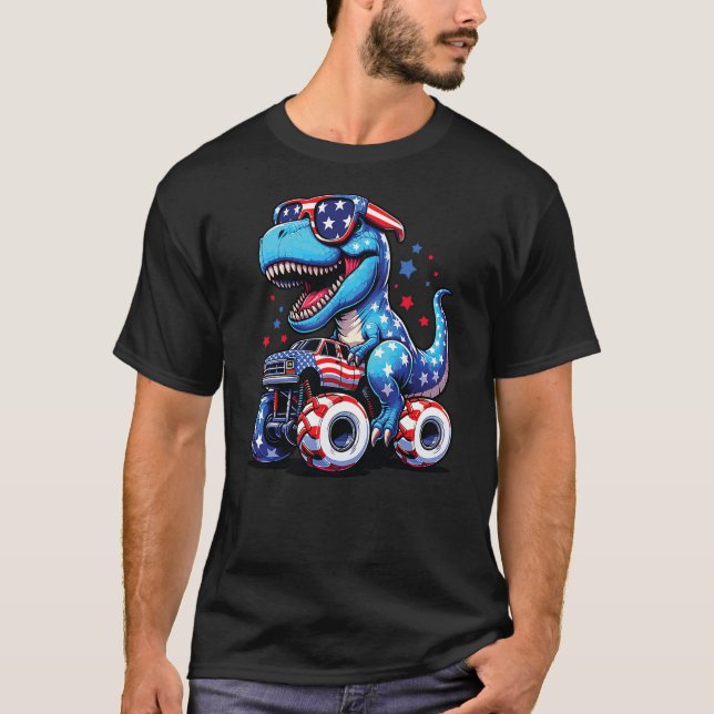 Camiseta 4th Of July T Rex Dino Trex Dinosaur Monster Truck (Anverso)