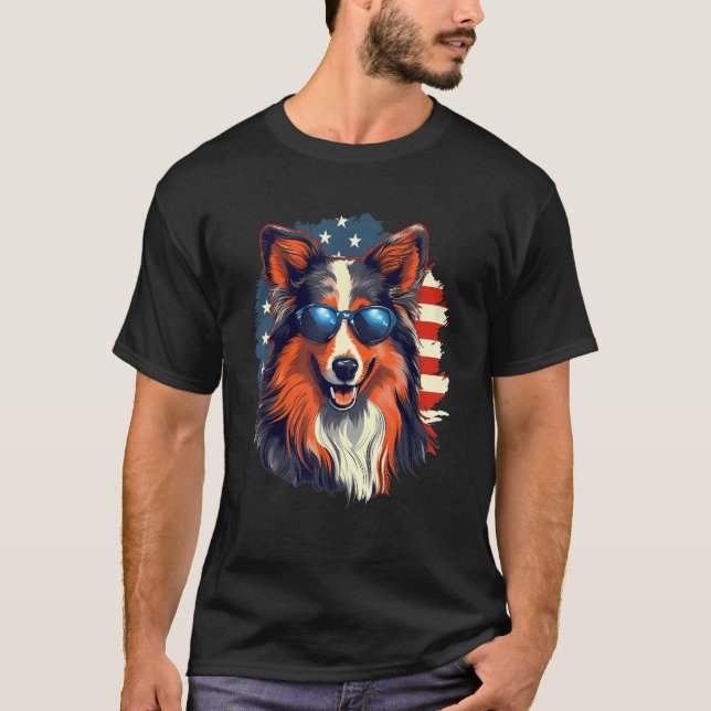 Camiseta 4th Of July US Flag Shetland Sheepdog (Anverso)