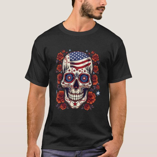 Camiseta 4th Of July US Flag Sugar Skull (Anverso)