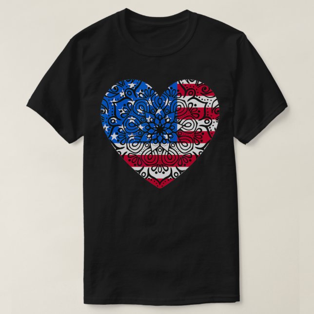 Camiseta 4th of July Women Girls Kids Mandala American Hear (Diseño del anverso)