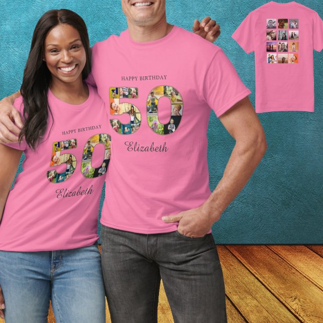 Camiseta 50.º Cumpleaños Crea tu propia foto múltiple (Pink 50th birthday party tshirt with photo collage )