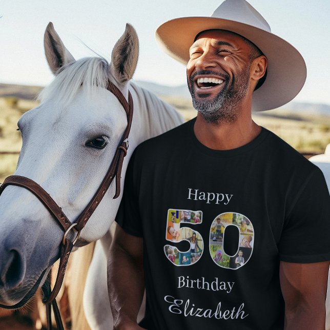 Camiseta 50.º cumpleaños crea tu propio negro multifoto (50th birthday photo t-shirt. Personalized collage template.)