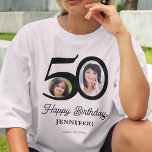 Camiseta 50.º nombre de foto de cumpleaños personalizado<br><div class="desc">Tipografía atrevida de moda 50 años de mujer cumpleaños divertida plantilla personalizada de camiseta de luz con 2 fotos y moderno estilo retro escritura negra. Fácil de personalizar con tu texto e imágenes.</div>