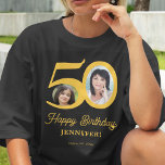 Camiseta 50.º nombre de foto de cumpleaños personalizado<br><div class="desc">Tipografía atrevida a la moda 50 años cumpleaños mujer graciosa plantilla personalizada de camiseta oscura con 2 fotos y moderno guión oro estilo retro. Fácil de personalizar con tu texto e imágenes.</div>