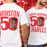 Camiseta 50.º nombre personalizado de cumpleaños y plantill<br><div class="desc">Feliz cumpleaños número 50, brillante texto rojo y blanco, frente personalizado y foto trasera, y camiseta de nombre. Fun 50.ª foto personalizada en un atrevido diseño de tee de cumpleaños rojo y blanco contrastante. Personalice esta camisa de cumpleaños con dos fotografías de la persona de cumpleaños en el centro del...</div>