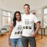 Camiseta 50.º personalizado de cumpleaños<br><div class="desc">Por 50 años como regalo o para el fiesta. Un collage de 3 de tus fotos de amigos,  familia,  interés o mascotas. Personaliza y agrega su nombre,  edad 50 y fecha. Fecha de nacimiento o fecha de la fiesta de cumpleaños. Texto gris y negro.</div>