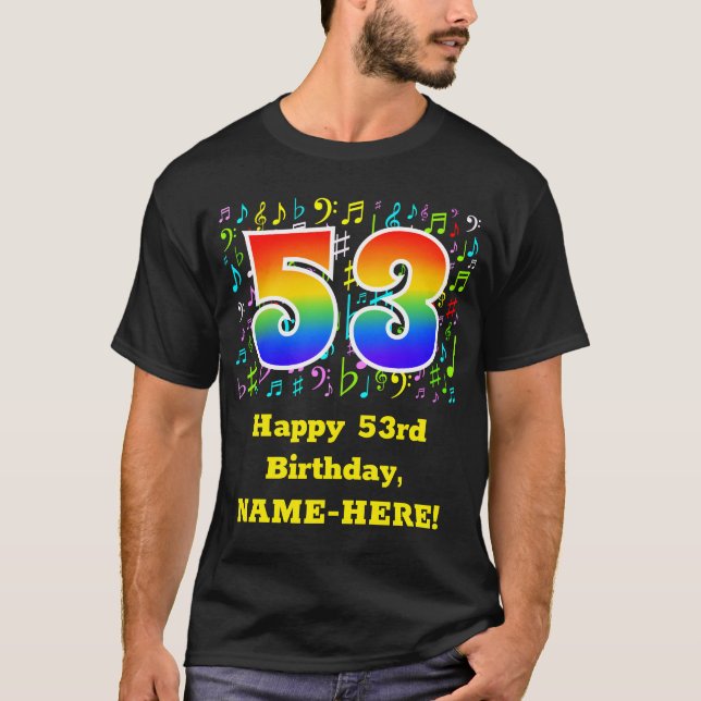 Camiseta 53° cumpleaños: Símbolos musicales coloridos, arco (Anverso)
