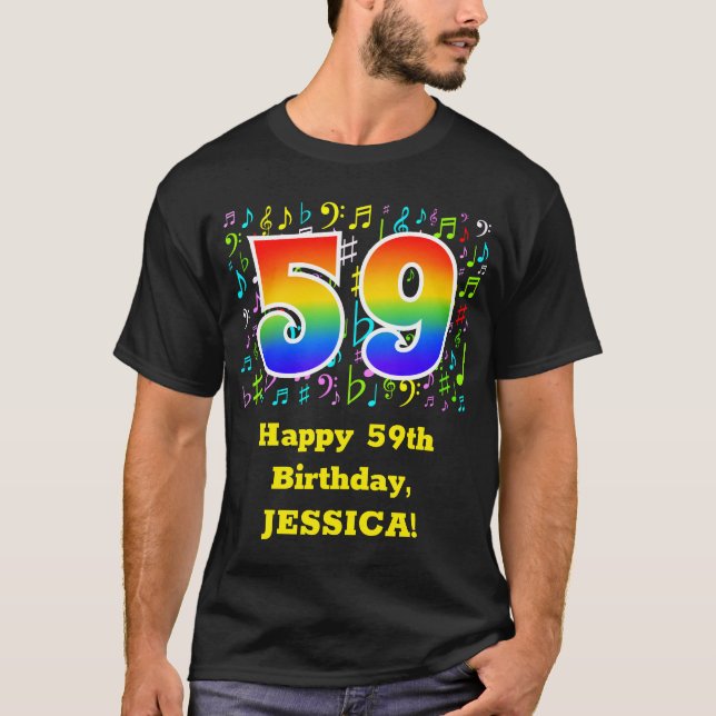 Camiseta 59º cumpleaños: Símbolos musicales coloridos, arco (Anverso)
