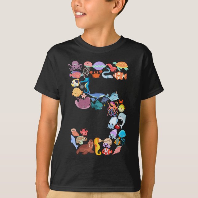 Camiseta 5.º Birthday Ocean Sea Animals Tema de 5 años (Anverso)