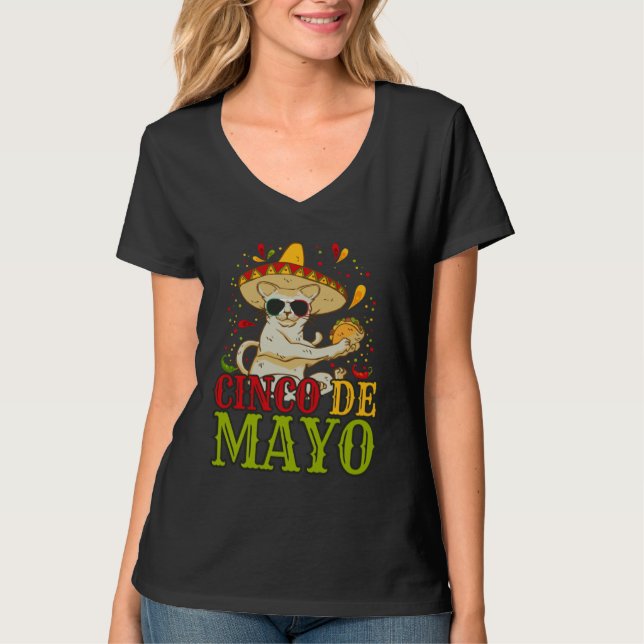 Camiseta 5 Cinco De Mayo  Cat With Mexican Hat And Taco (Anverso)