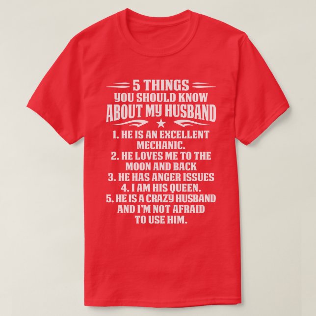 Camiseta 5 cosas que deberías saber sobre mi marido mecánic (Diseño del anverso)