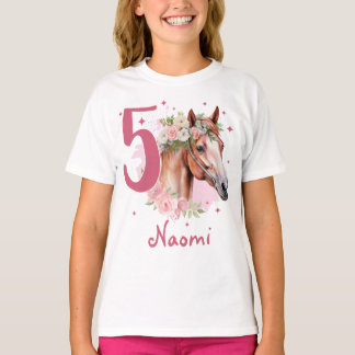 Camiseta 5th Birthday Girl Horse Pastel Pink Five Years