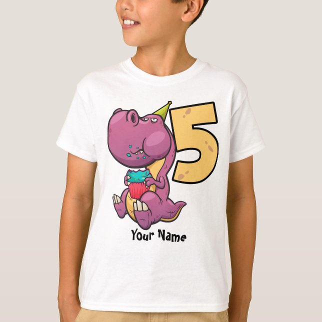 Camiseta 5to cumpleaños del dinosaurio púrpura de T-Rex (Anverso)