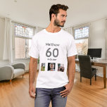 Camiseta 60.º personalizado de cumpleaños foto monólogo<br><div class="desc">Por un cumpleaños 60 como regalo o para el fiesta. Un collage de 3 de tus fotos de amigos,  familia,  interés o mascotas. Personaliza y agrega su nombre,  edad 60 y fecha. Fecha de nacimiento o fecha de la fiesta de cumpleaños. Texto gris y negro.</div>