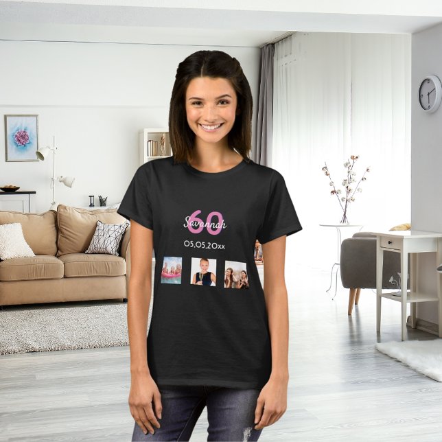 Camiseta 60 años personalizado foto mujer monograma rosa (Subido por el creador)