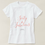 Camiseta 60 Fabuloso Coral Custom Name 60th Birthday Gift<br><div class="desc">Celebre el giro de 60 en estilo con este nombre personalizado con la moderna camiseta de cumpleaños 60 con el texto 60 y elegante caligrafía de escritura de coral brillante. Simplemente agrega tu nombre a esta camiseta de la celebración de los 60 años. Perfecto regalo de cumpleaños para un niño...</div>