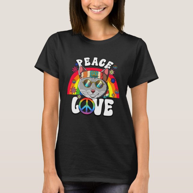 Camiseta 60s 70s Costume Peace Love Hippie Cat (Anverso)