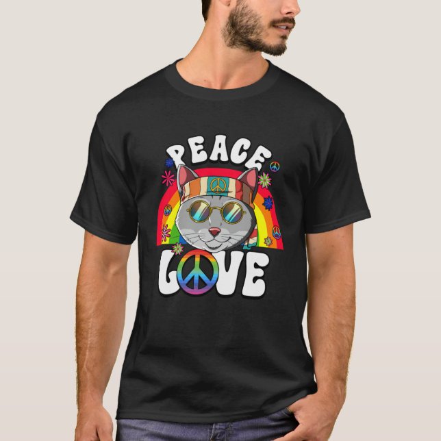 Camiseta 60s 70s Costume Peace Love Hippie Cat (Anverso)