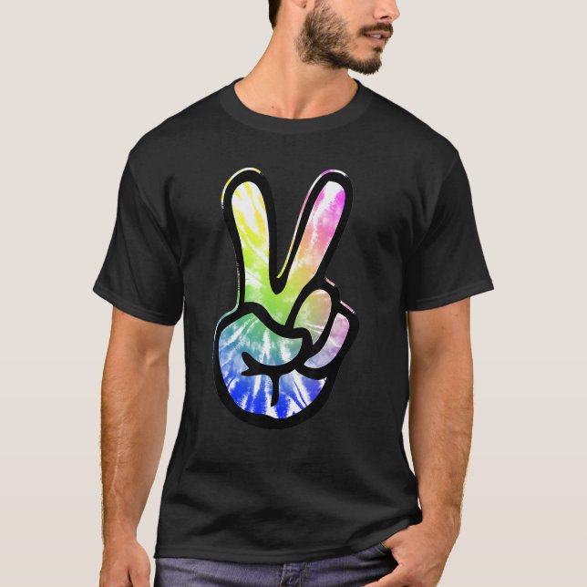 Camiseta 60s 70s Tie Dye Peace Hand Sign   Hippie (Anverso)