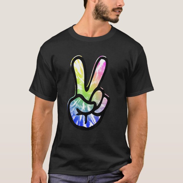 Camiseta 60s 70s Tie Dye Peace Hand Sign   Hippie 1 (Anverso)