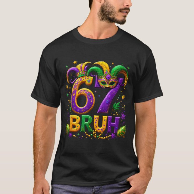 Camiseta 67 Bruh Jester Hat Feather Mask Mardi Gras Fleur D (Anverso)
