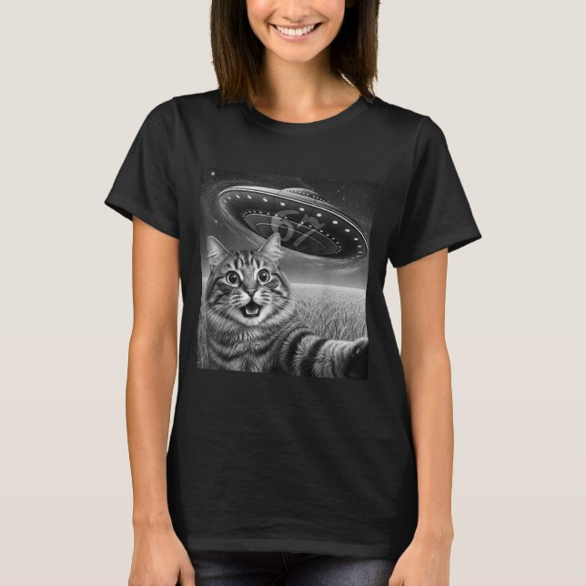 Camiseta 67 Cat Selfie With Alien Ufos Funny Cat Six Seven  (Anverso)