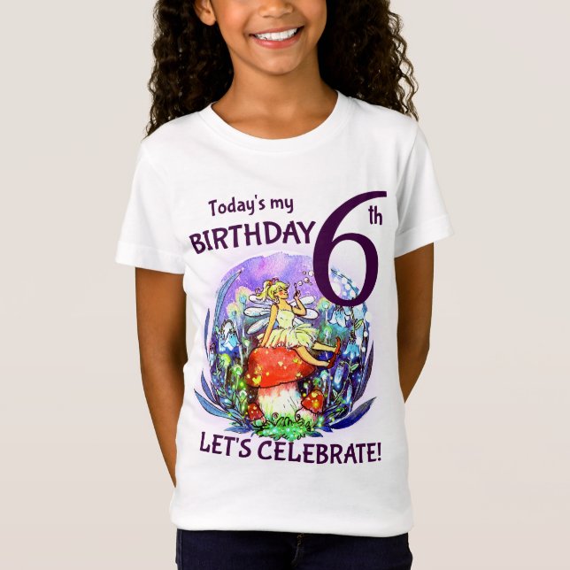 Camiseta 6.º cumpleaños Motif de hadas y setas (Anverso)