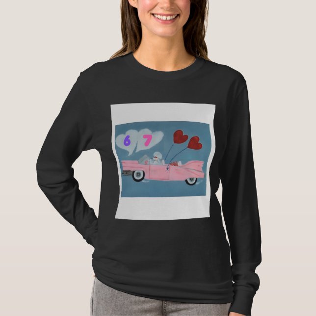 Camiseta 6 7 Poodle in Pink Classic Car flying in sky shirt (Anverso)
