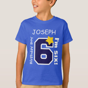Camiseta 6to AZUL del muchacho del cumpleaños un nombre de