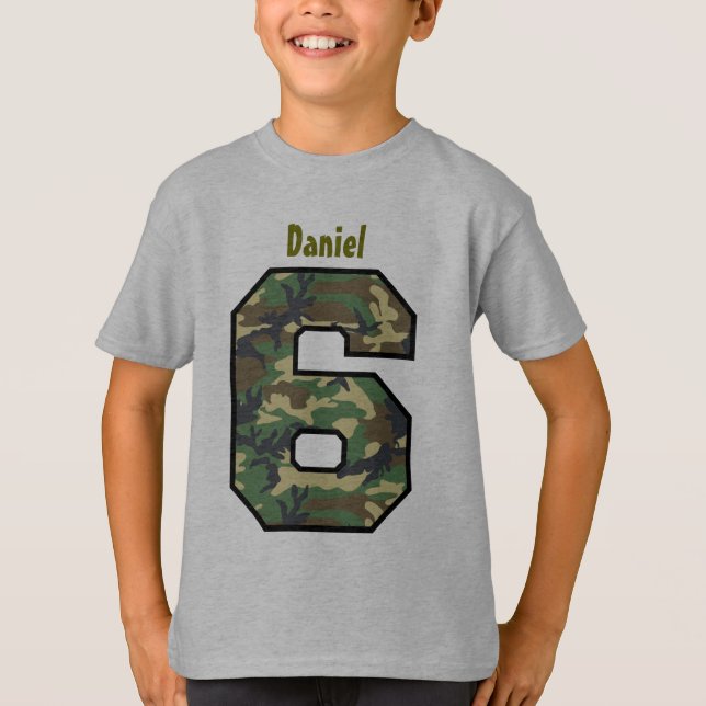 Camiseta 6to Nombre de encargo de seis años V007F8 de Camo (Anverso)