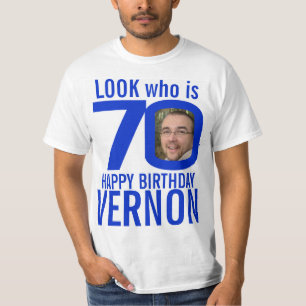 Camiseta 70º cumpleaños azul aspecto 70 nombre de foto pe