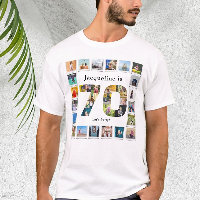 Camiseta 70.º cumpleaños Diseñar tu propio Collage de fotos (Personalized 70th Birthday tshirt with family photo collage template.)