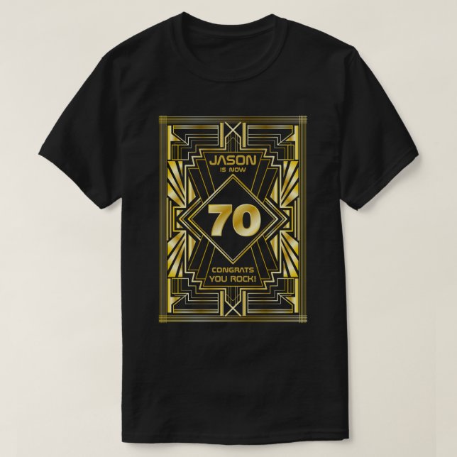 Camiseta 70 cumpleaños Art Deco Oro Gran Gatsby Negro (Diseño del anverso)