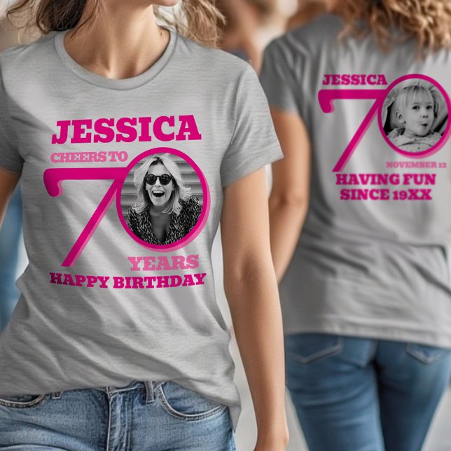 Camiseta 70th Birthday doubled sided photo name pink text (Subido por el creador)