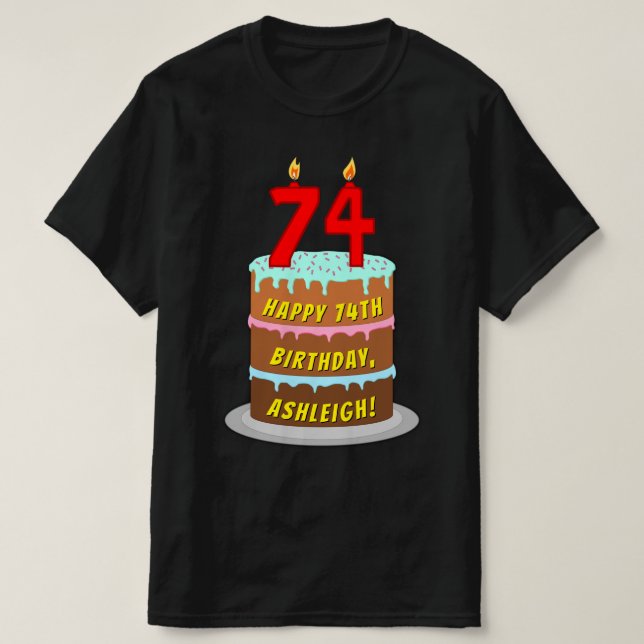 Camiseta 74º cumpleaños — Torta divertida y velas, con nomb (Diseño del anverso)