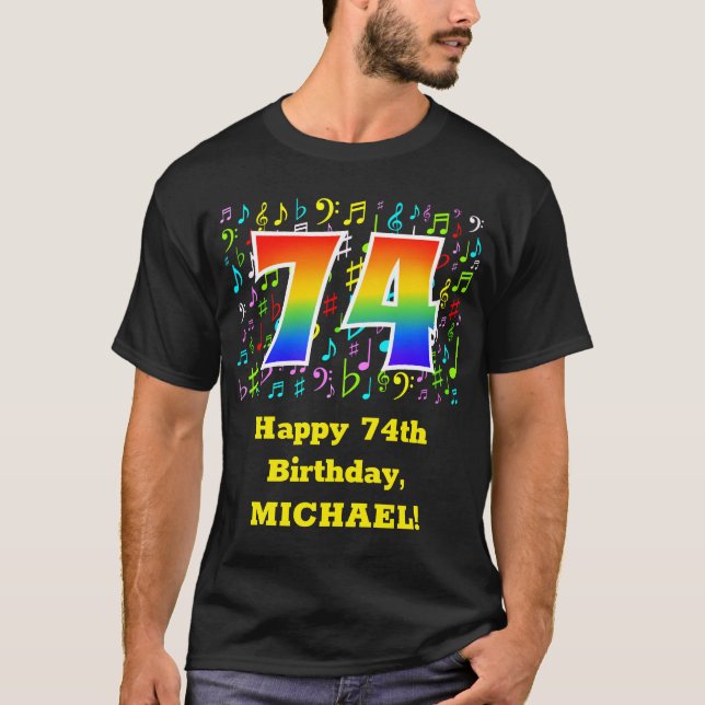 Camiseta 74° cumpleaños: Símbolos de música colorida, arcoi (Anverso)