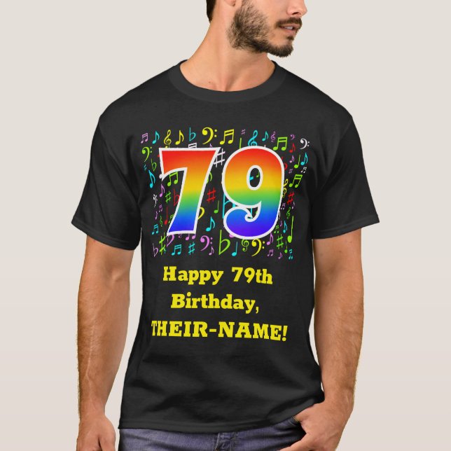 Camiseta 79º cumpleaños: Símbolos musicales coloridos, arco (Anverso)