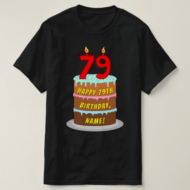Camiseta 79º cumpleaños — Torta divertida y velas, con nomb (Diseño del anverso)