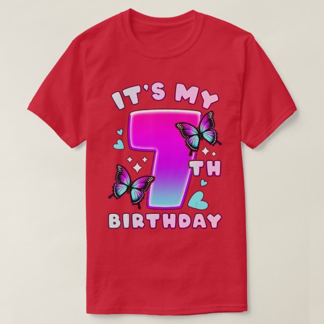 Camiseta 7.º Chica De Cumpleaños 7 Años Mariposas Y Número  (Diseño del anverso)