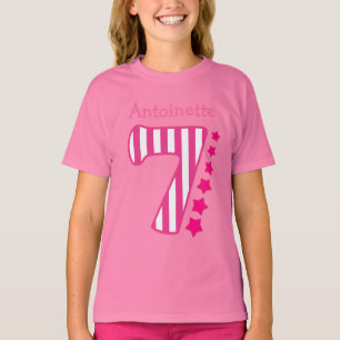 Camiseta 7 rayas del chica del cumpleaños con rosa