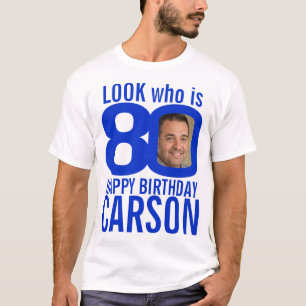 Camiseta 80º cumpleaños azul look 80 nombre de foto perso